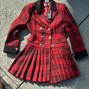 Red Plaid Double-Breasted Blazer Dress